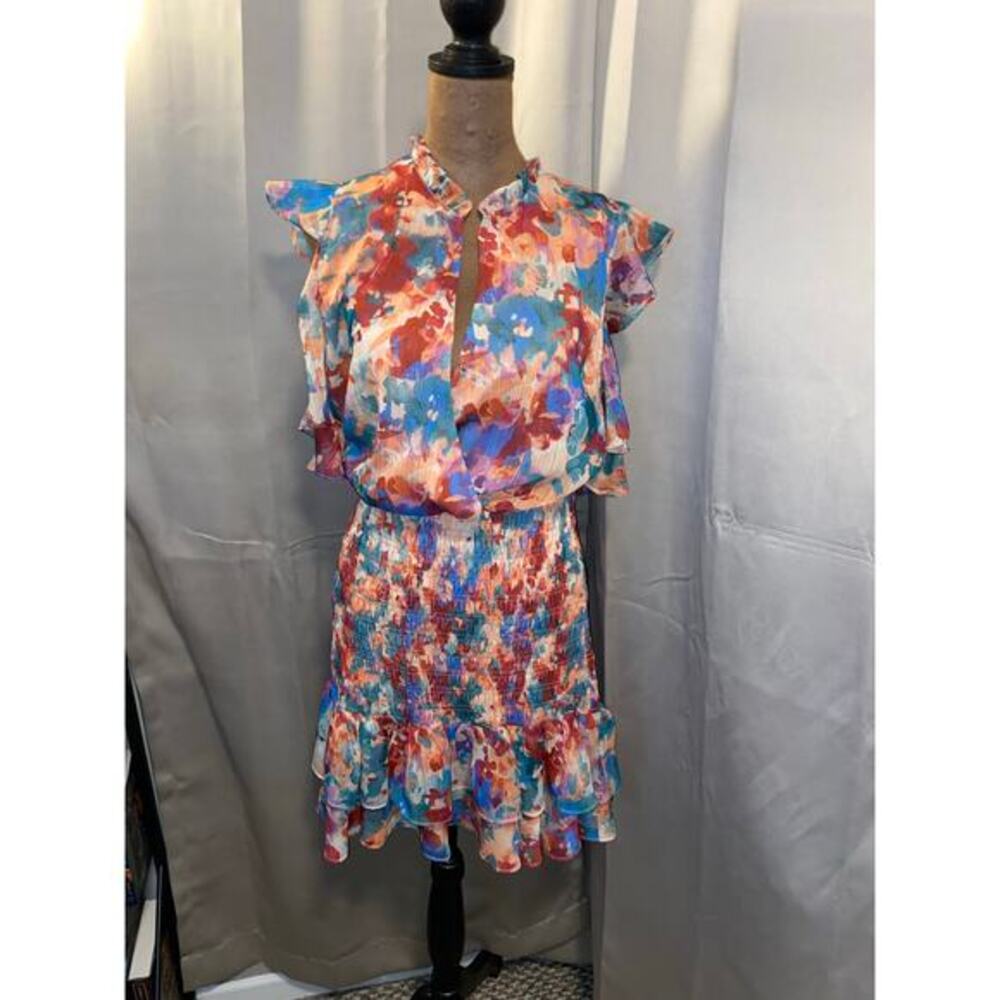 Socialite Watercolor Ruffle Sleeve Dress Size M Nordstrom NWT Smocked Mini $89